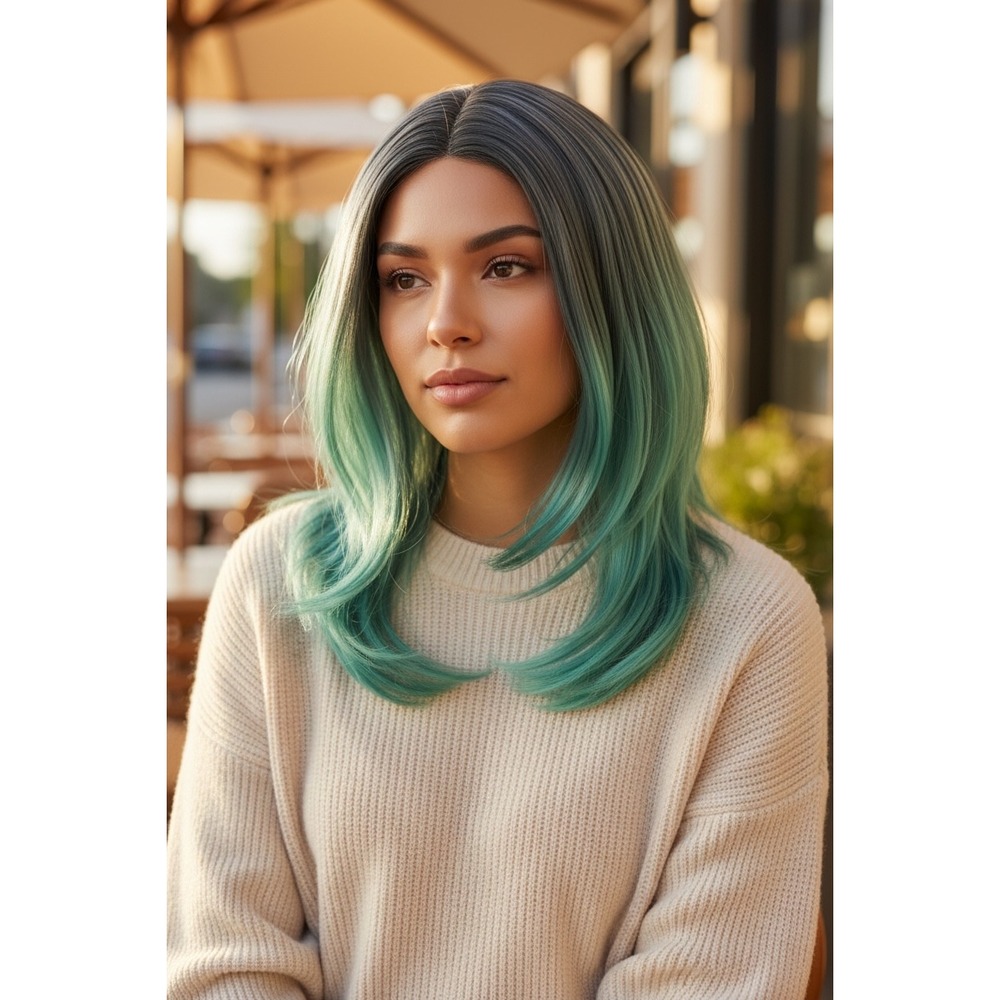 Dark Green Ombre Synthetic Wig 14 Inch Middle Part Layered Lob Straight Hair